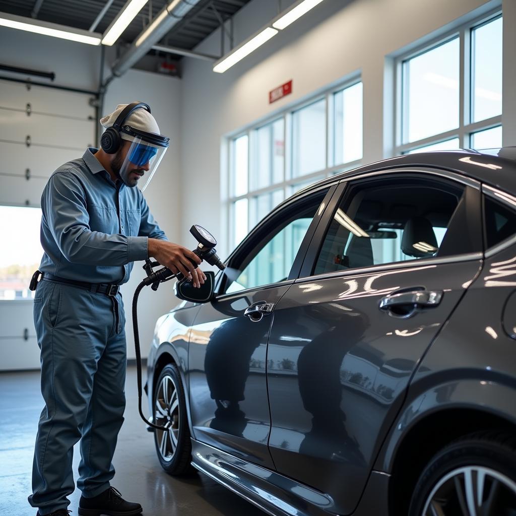 A car detailer applying a ceramic coating to a vehicle at a car dealership