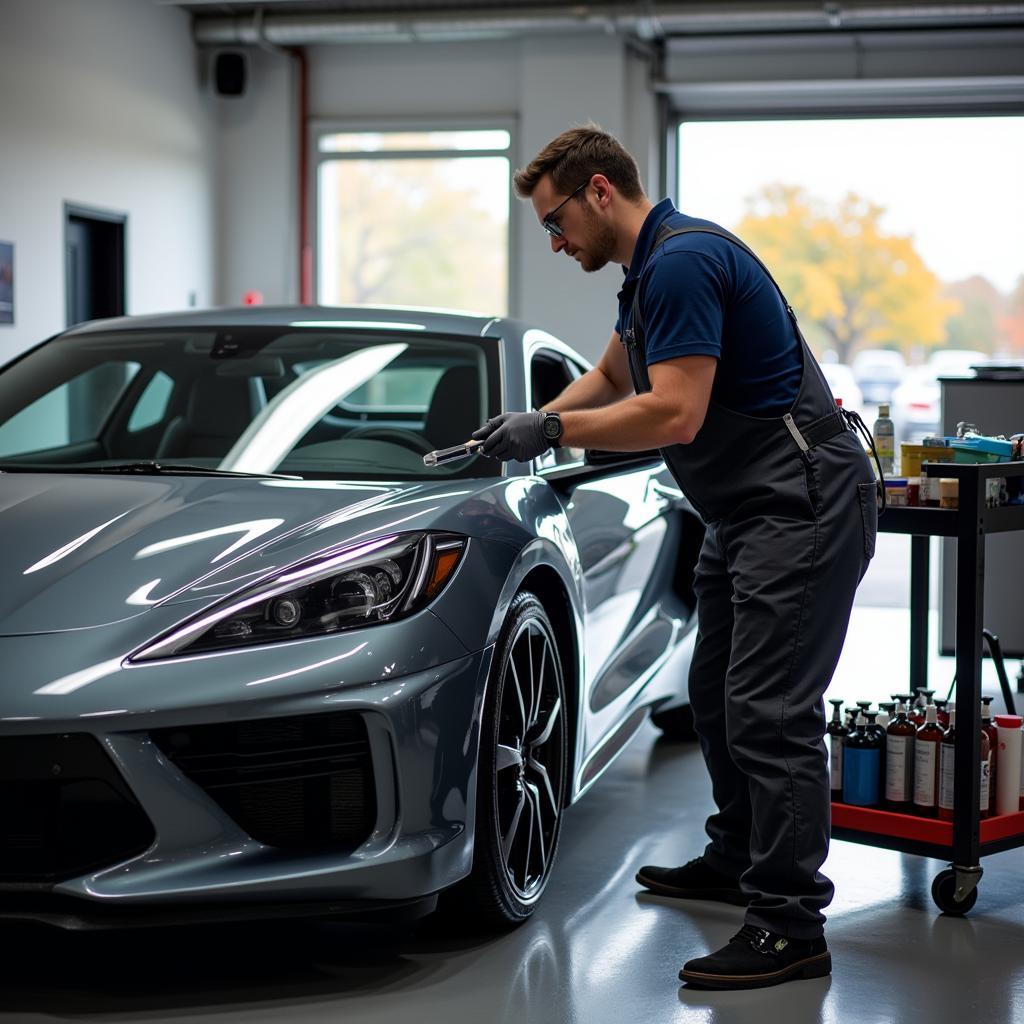 Car Dealership Detailer Working on a Luxury Vehicle