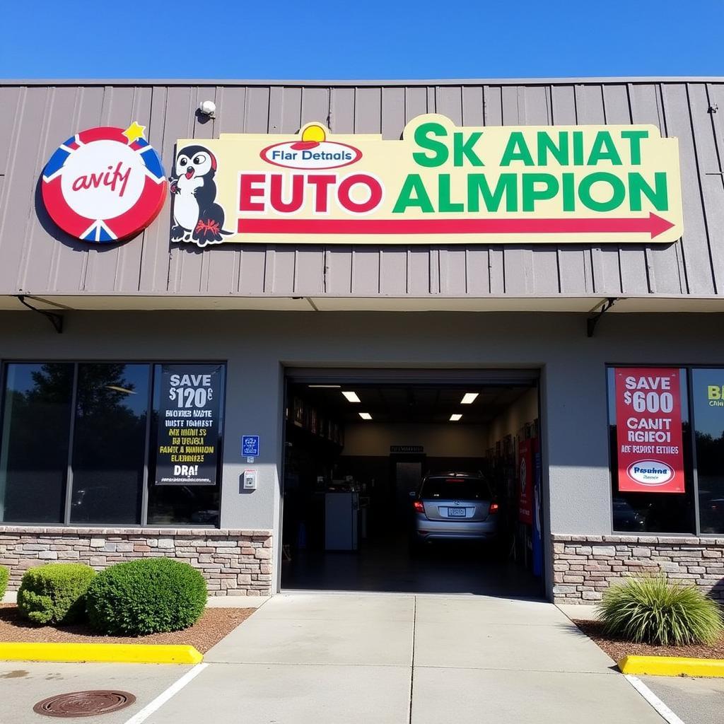 Car Detail Shop Exterior with Eye-Catching Signage and Promotional Banners