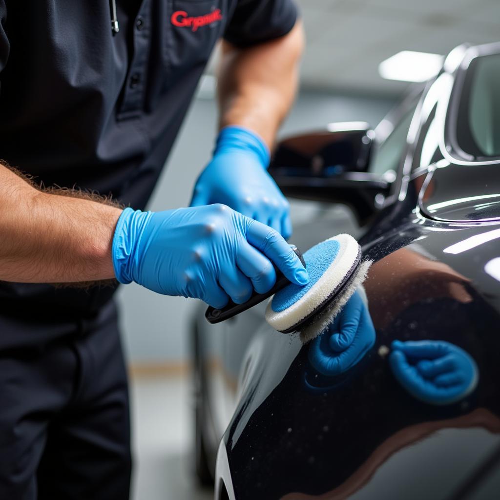 Professional car detailer meticulously applying a ceramic coating to a vehicle's paint