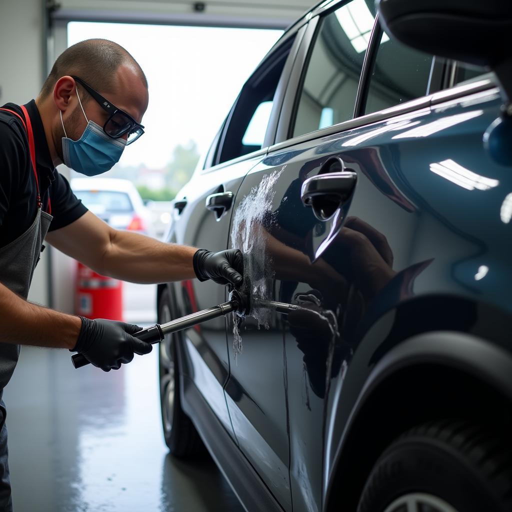 Professional car detailer applying ceramic coating to a vehicle's paint.