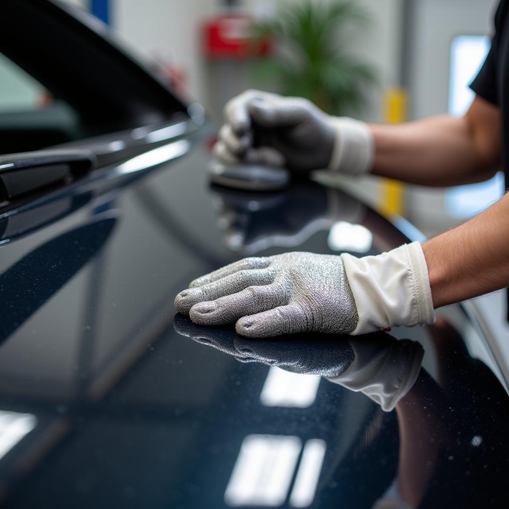 Professional car detailer applying ceramic coating to a car's exterior