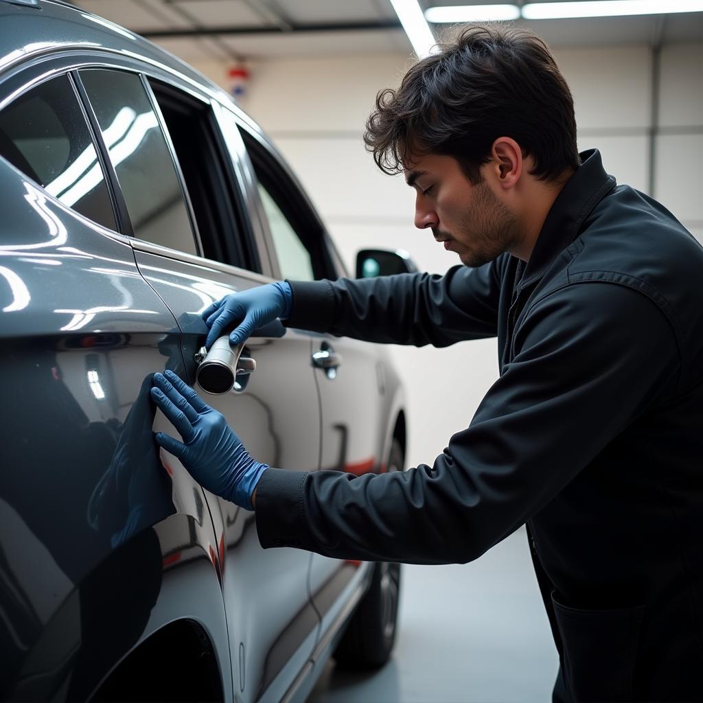 Car Detailer Applying a Ceramic Coating for Enhanced Protection