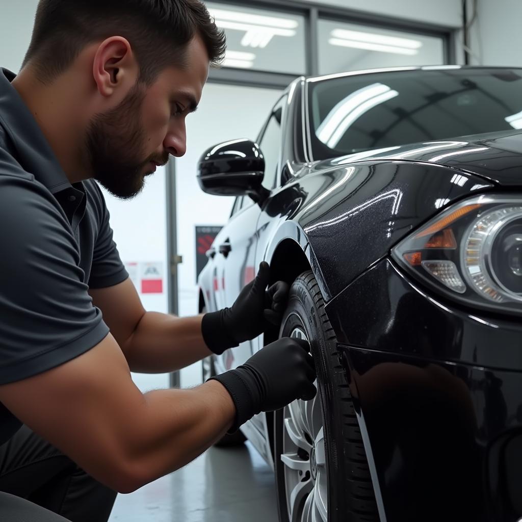 Car Detailer Applying Ceramic Coating to Vehicle