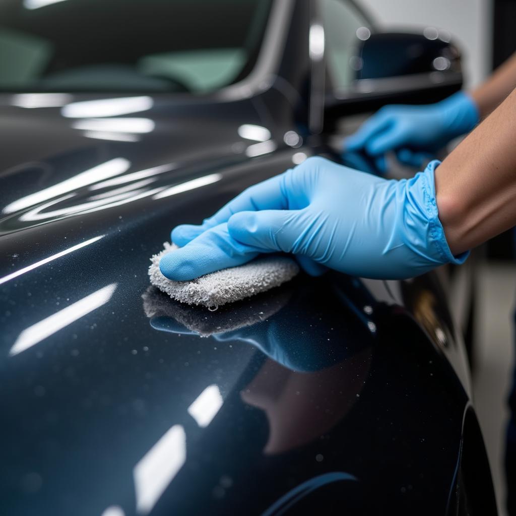 Car detailer applying a ceramic coating to a car