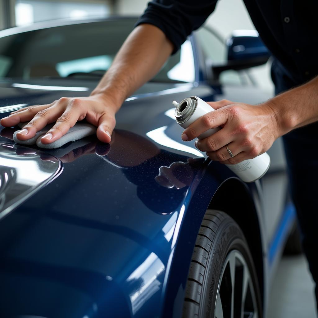 Car detailer meticulously applying ceramic coating.