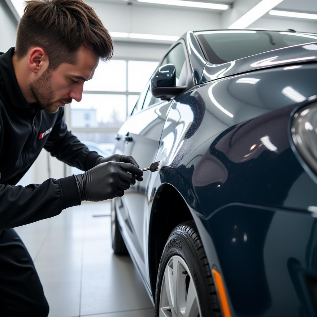 A car detailer applying a ceramic coating to a vehicle at a dealership.