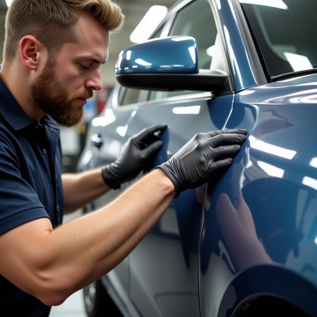 Professional Car Detailer Applying Paint Protection