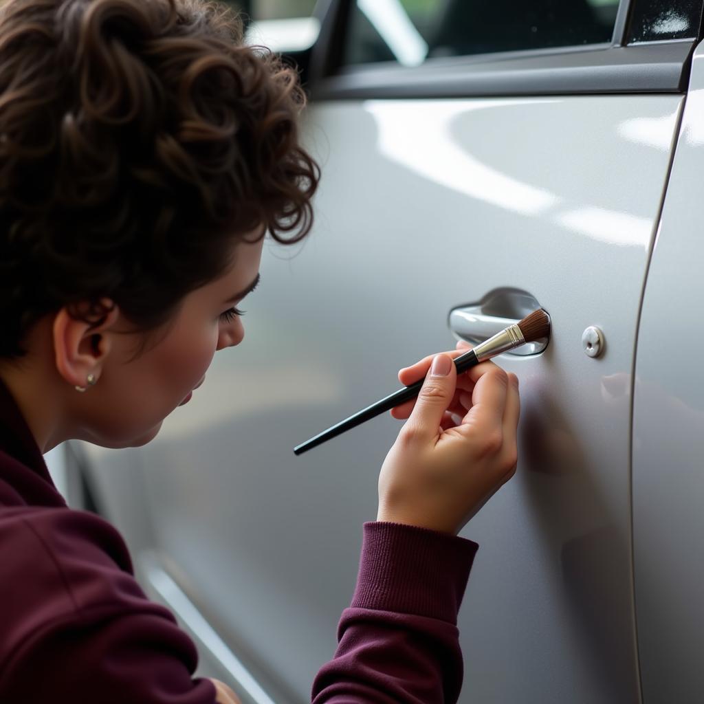 Car detailer meticulously applies touch-up paint to a small paint chip on a car door.