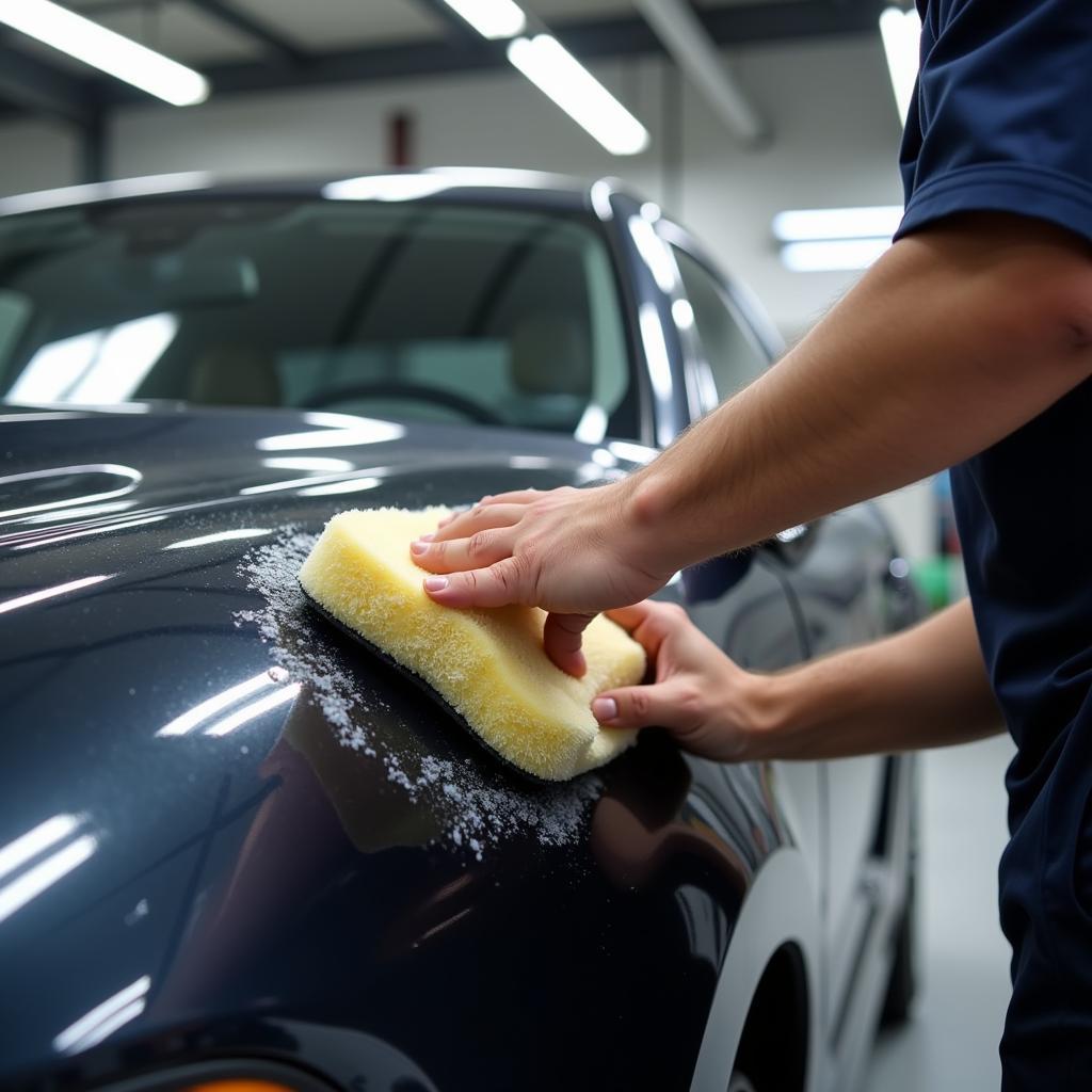 Car Detailer Applying Wax to Car Paint