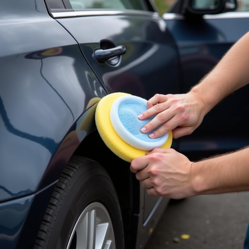 Car Detailer Applying Wax to Car