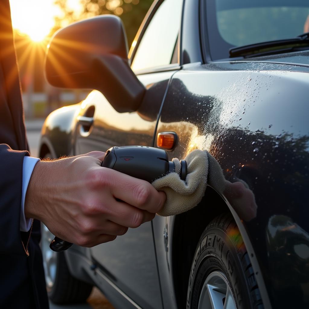 Car Detailer Applying Wax to Car