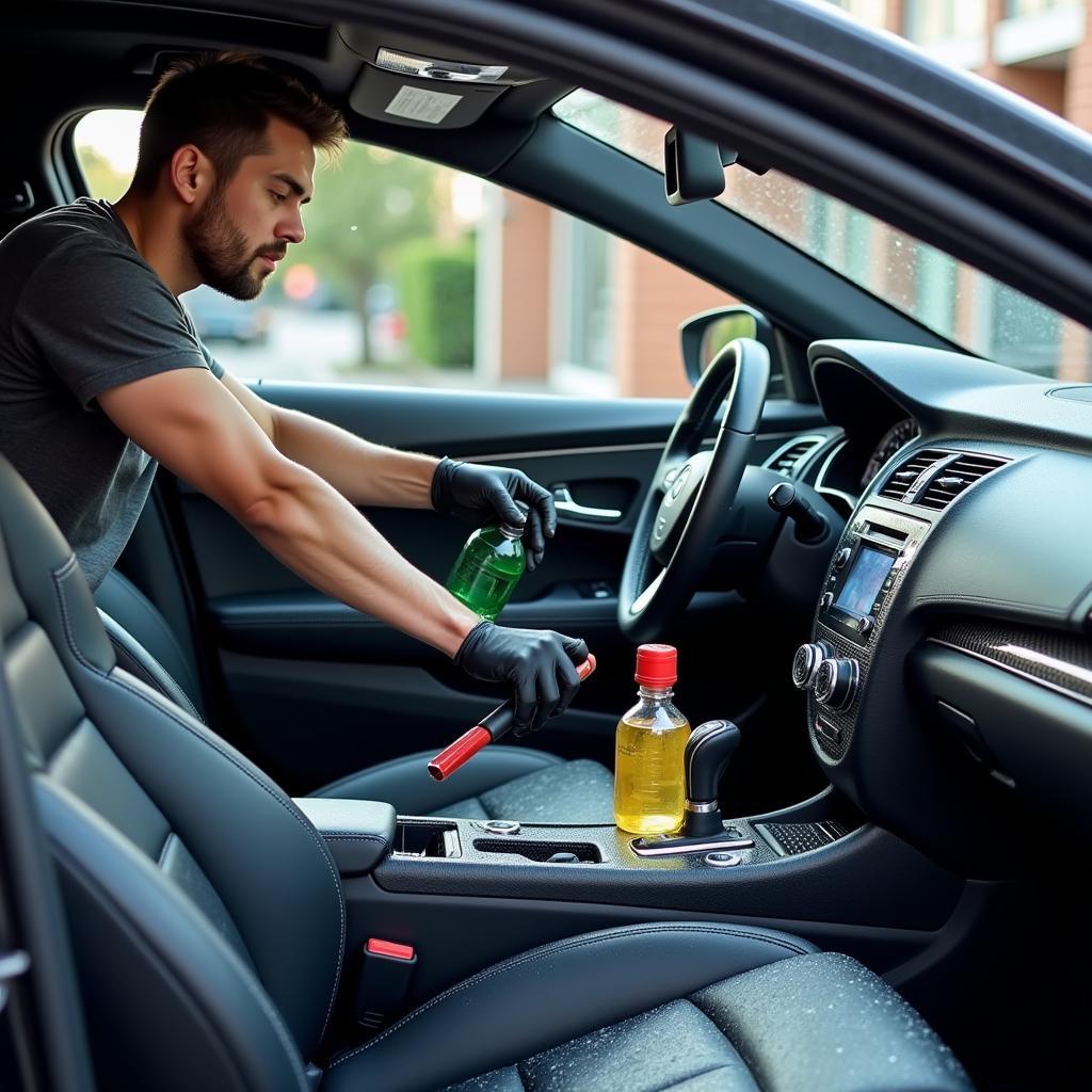 Car detailer cleaning a car's interior