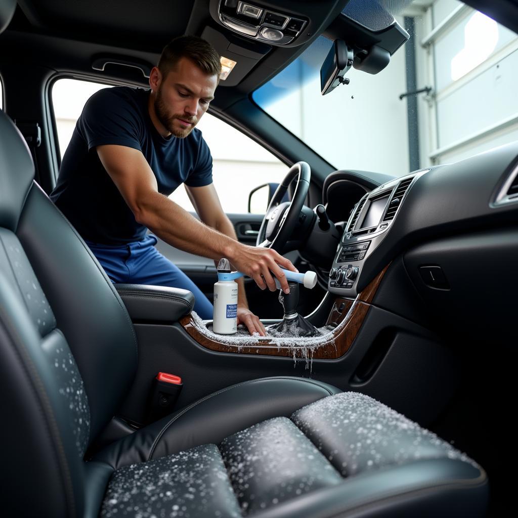 Car Detailer Cleaning Car Interior with Precision Tools