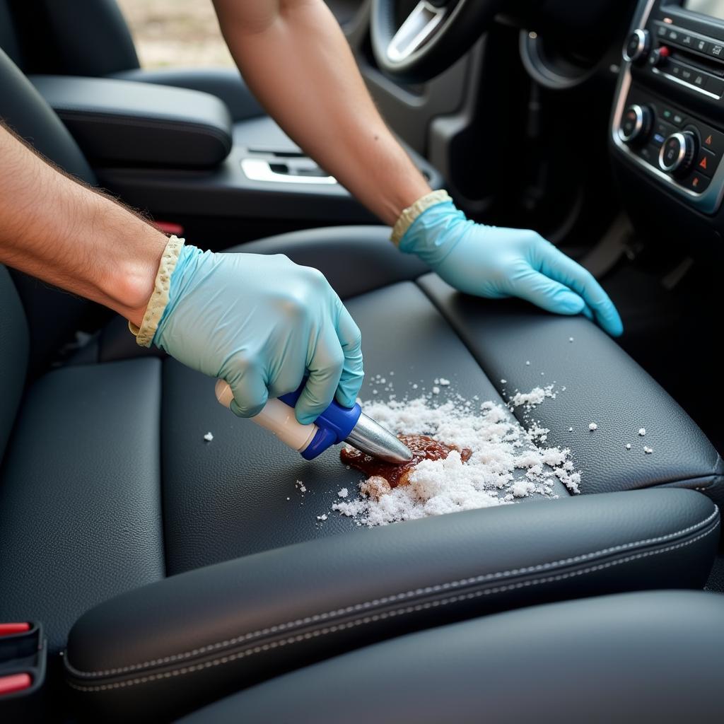 Car detailer cleaning vomit from car seat