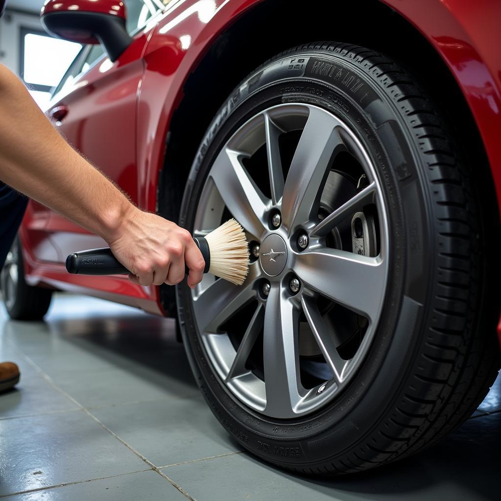 Car Detailer Cleaning Wheel with Specialized Brush