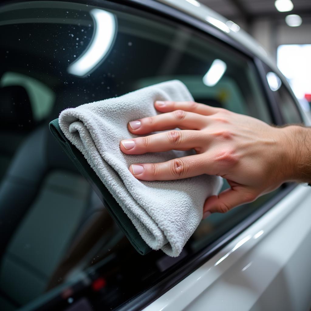 Car Detailer Cleaning Window with Microfiber Cloth