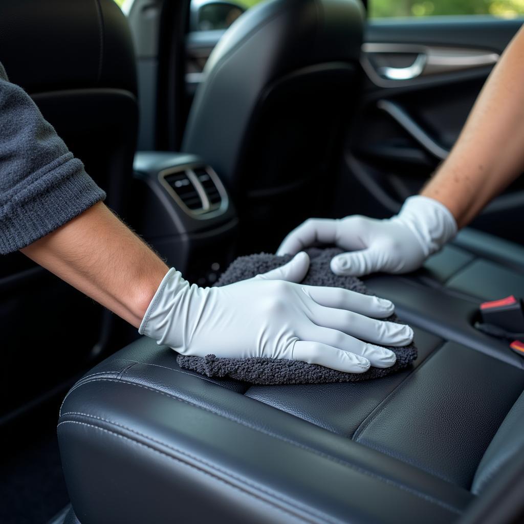 Car Detailer’s Gloved Hands Cleaning Interior