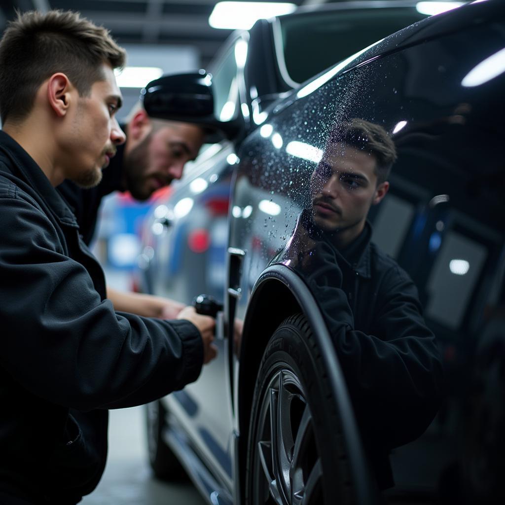 Car Detailer Inspecting Paint