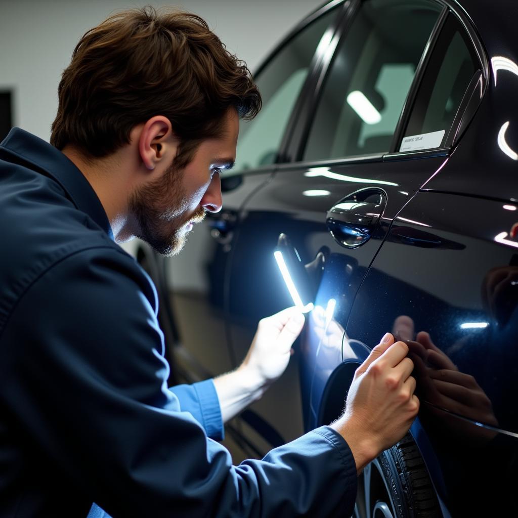 Car Detailer Inspecting Paint Finish