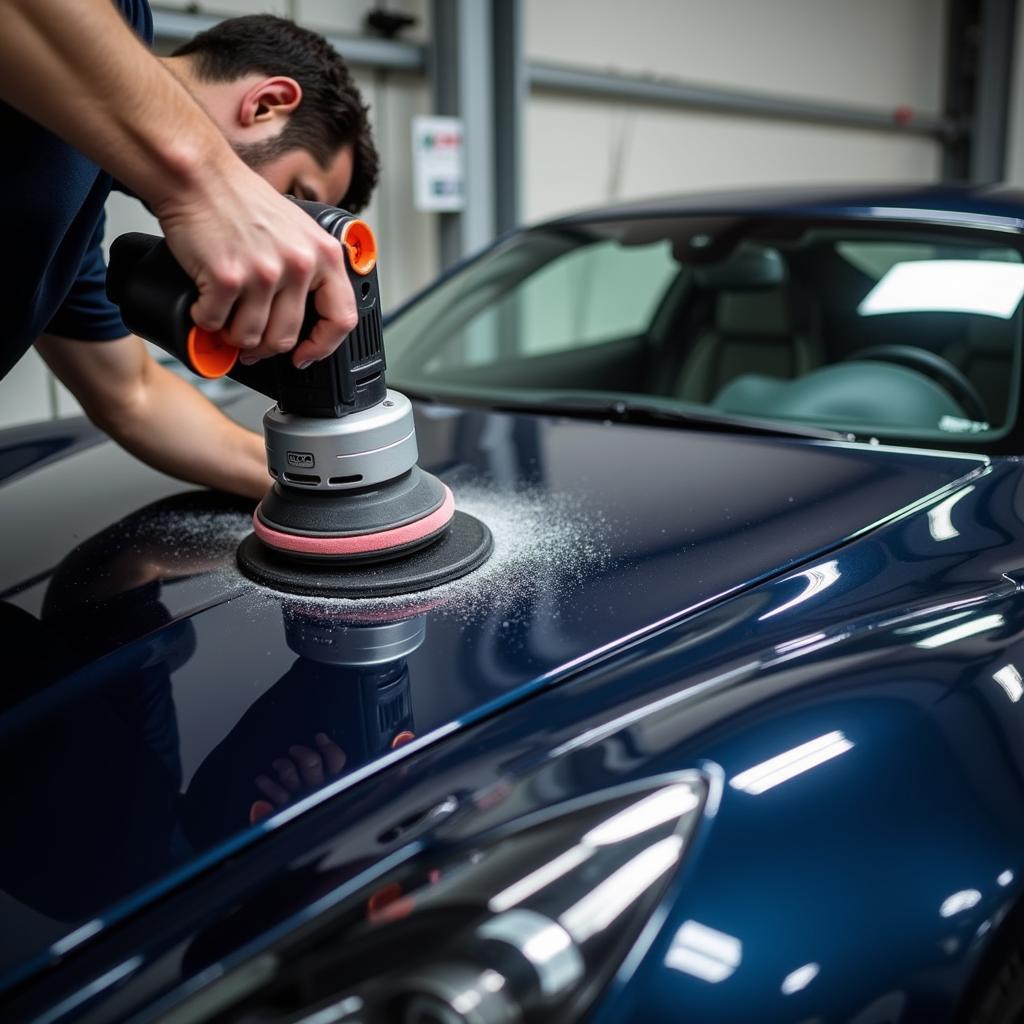 Experienced car detailer polishing a luxury vehicle with precision