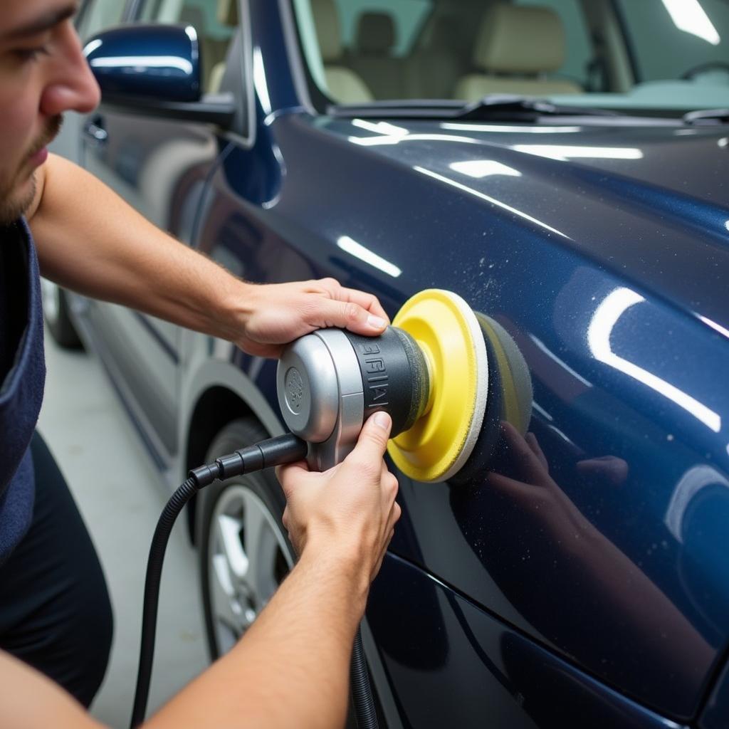 Car detailer polishing a vehicle's paint to a high gloss