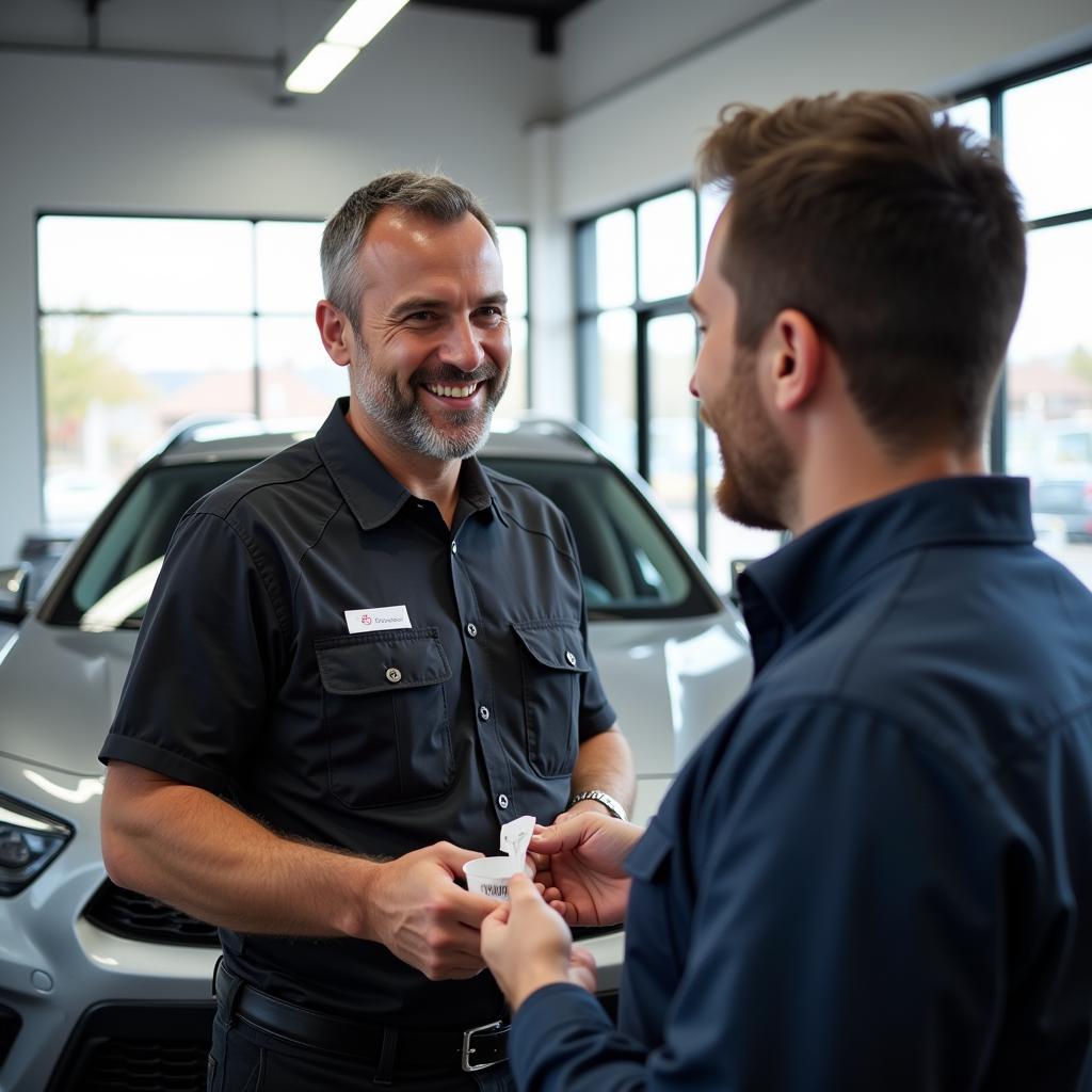 Car detailer receiving a tip after completing an exceptional job.