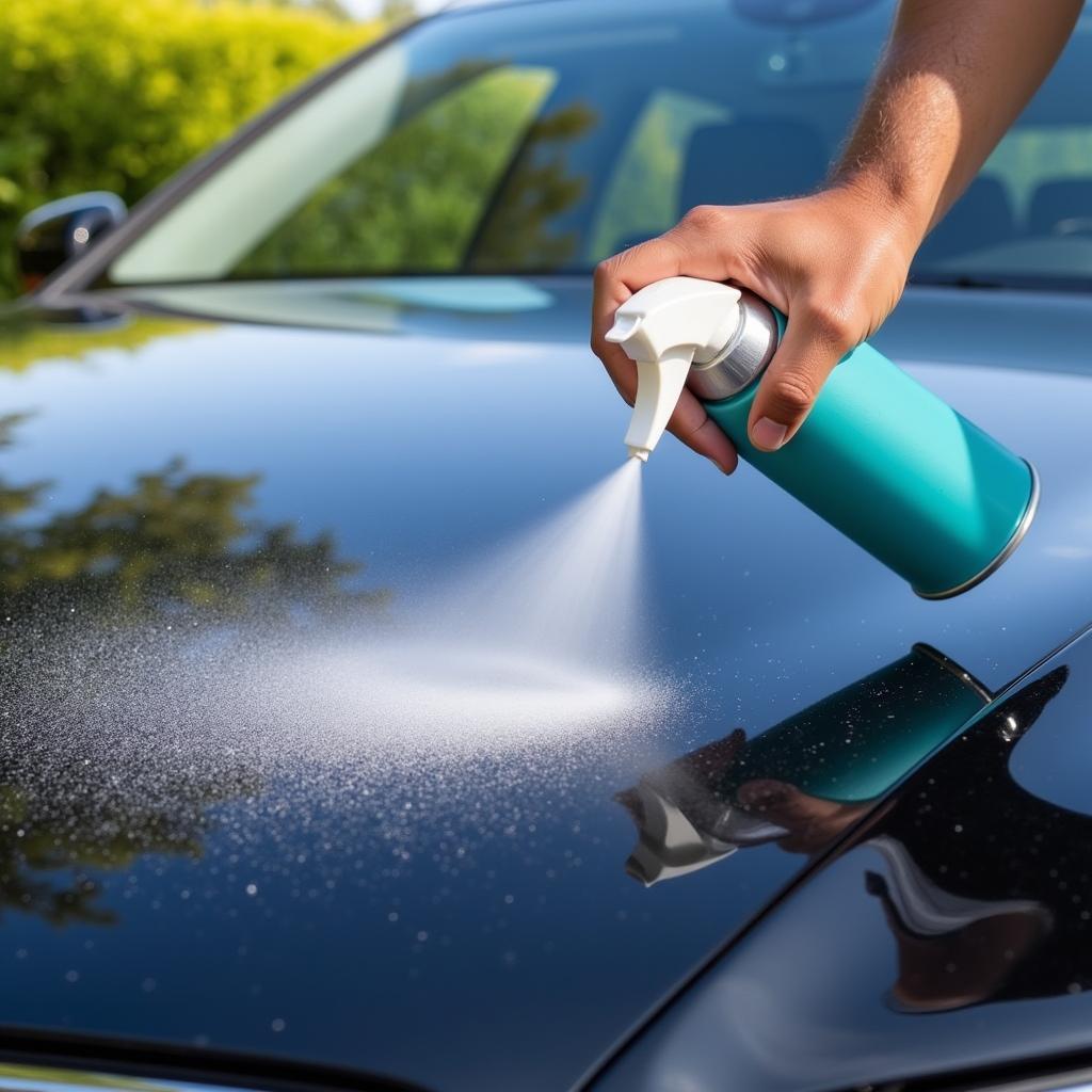 Applying Car Detailer Spray to a Car's Hood