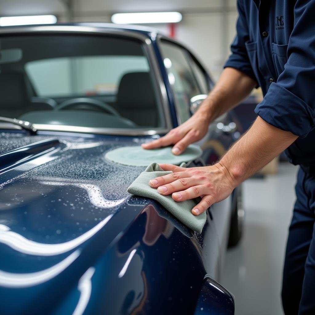 Detailer using clay bar and lubricant on car paint