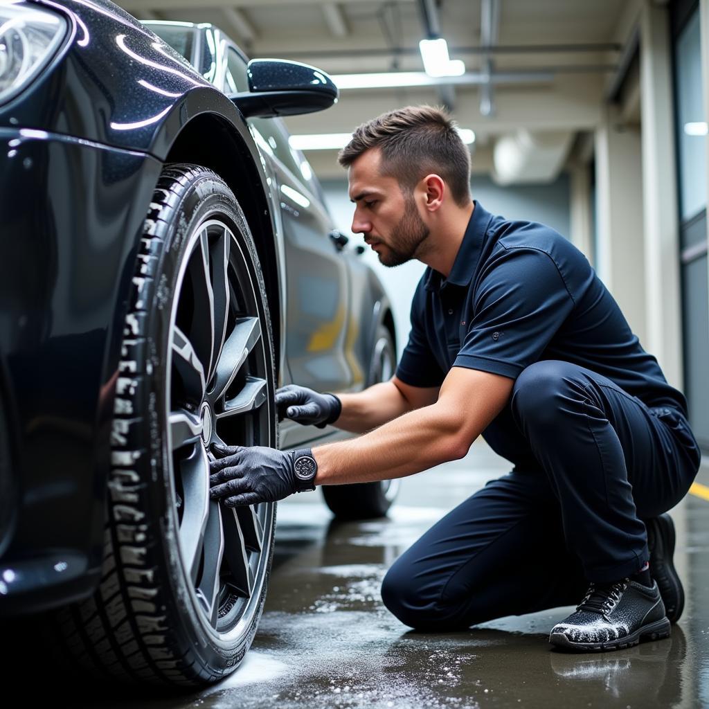 Car Detailer Washing a Vehicle