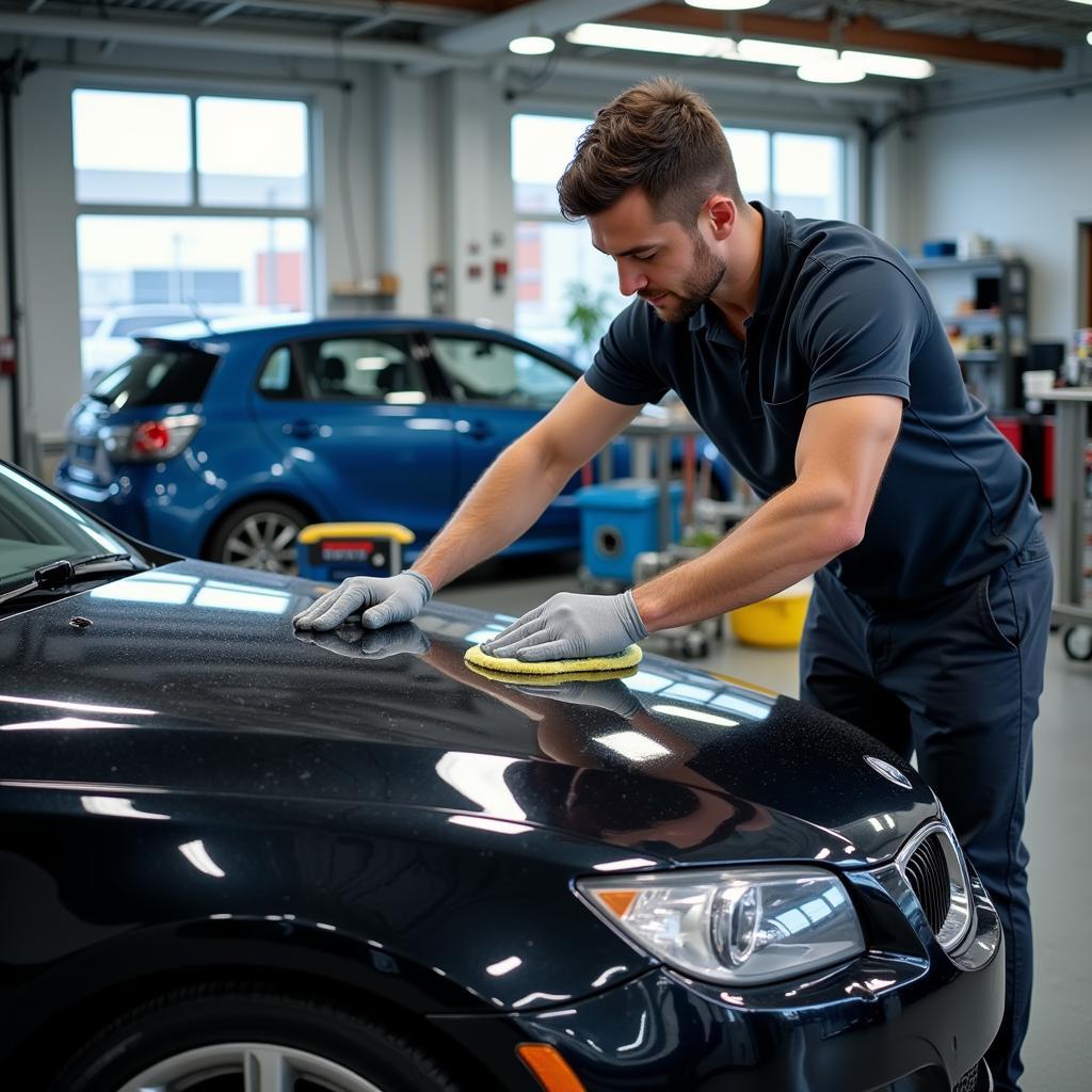 Car detailer meticulously working on a vehicle at a dealership