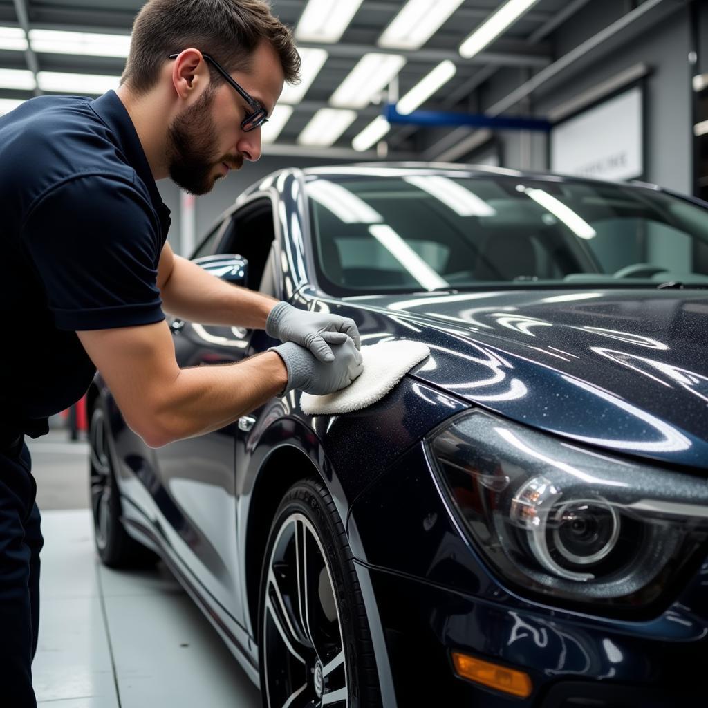 Car Detailer Working in a Busy Philadelphia Shop