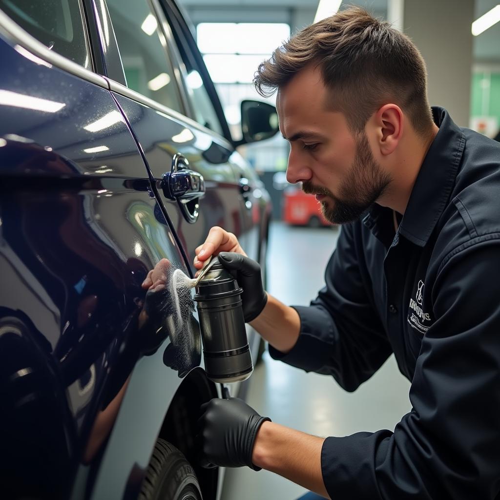 A professional car detailer meticulously working on a car's exterior