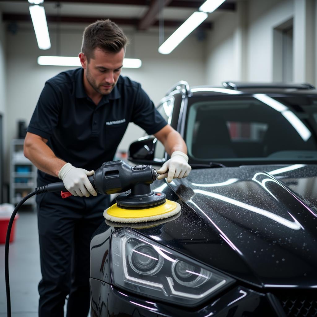 Car detailer meticulously cleaning a car exterior