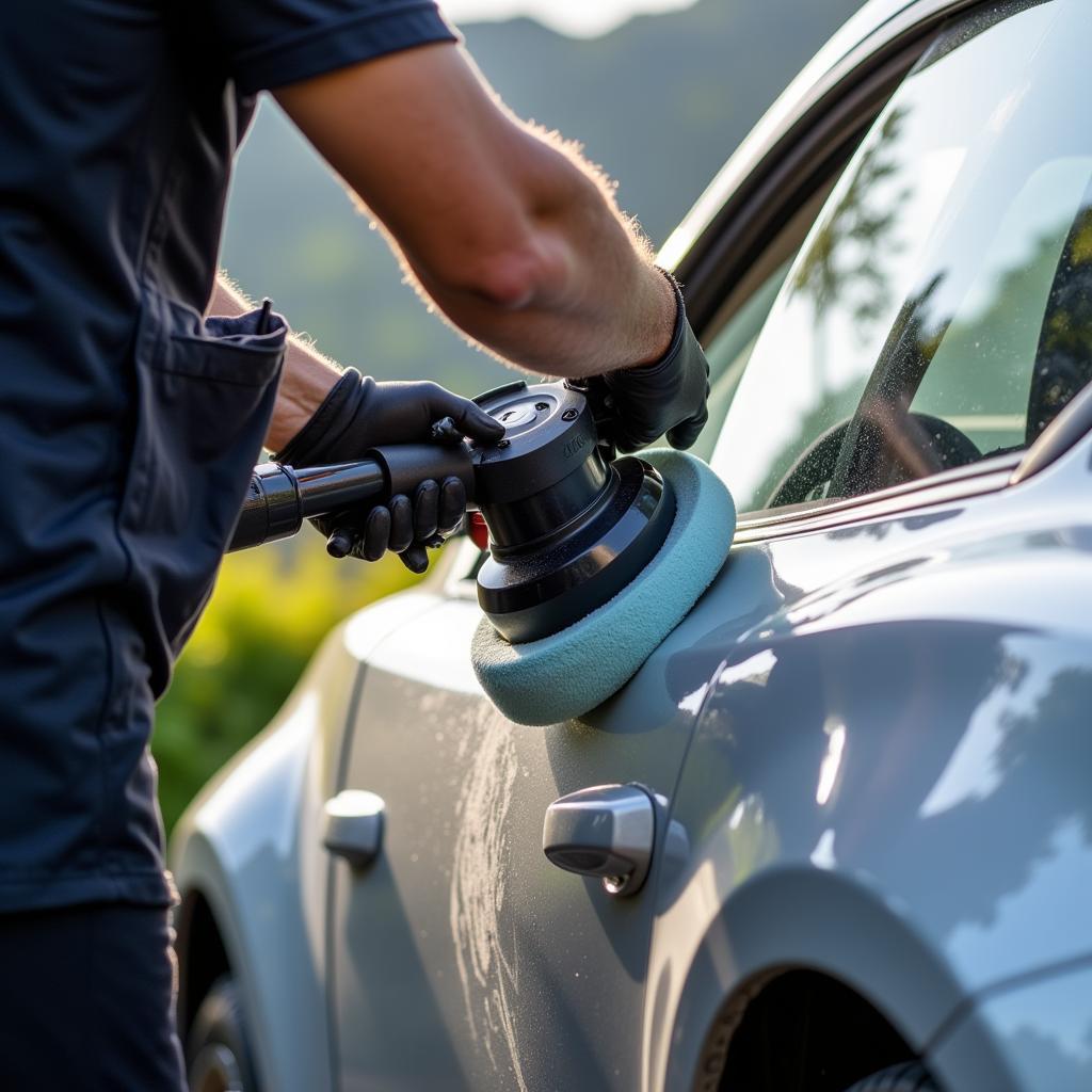 Car detailer meticulously cleaning the exterior of a vehicle