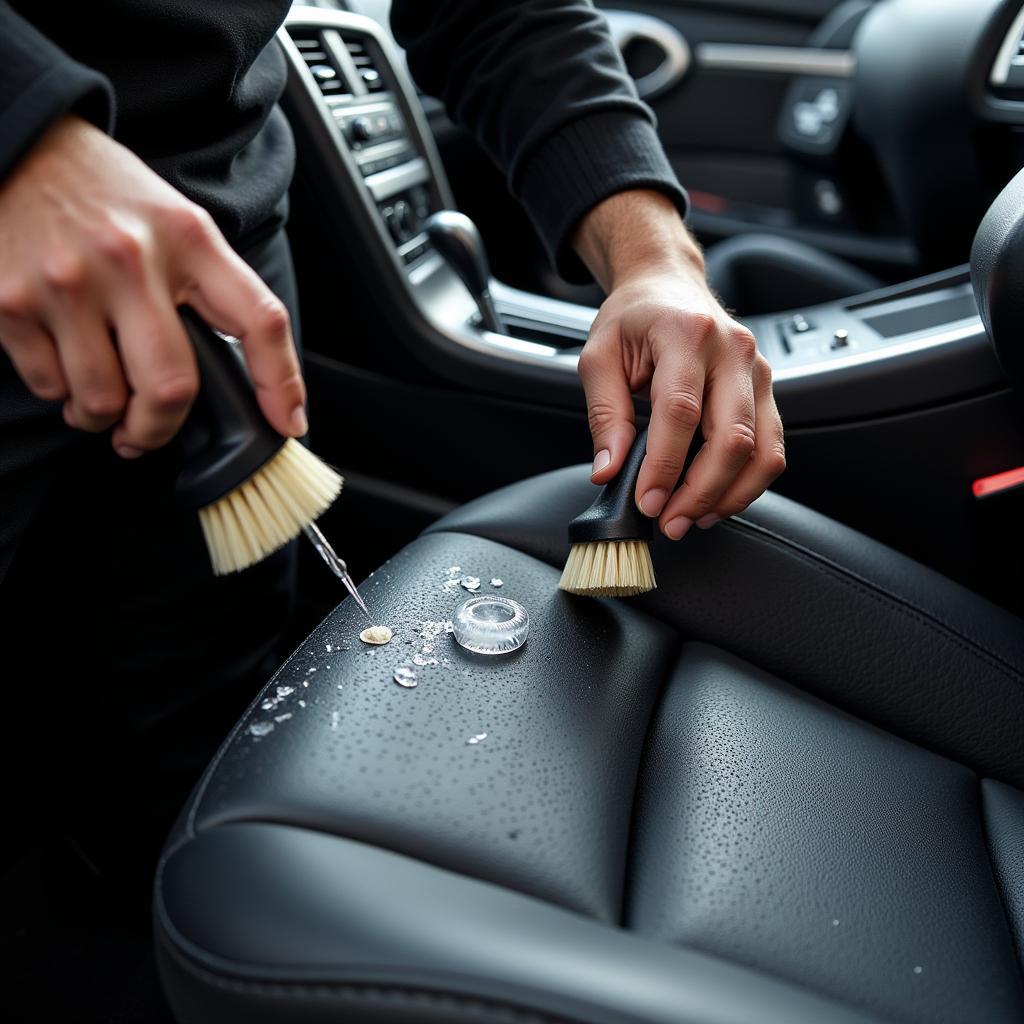 Car detailer meticulously cleaning a car interior