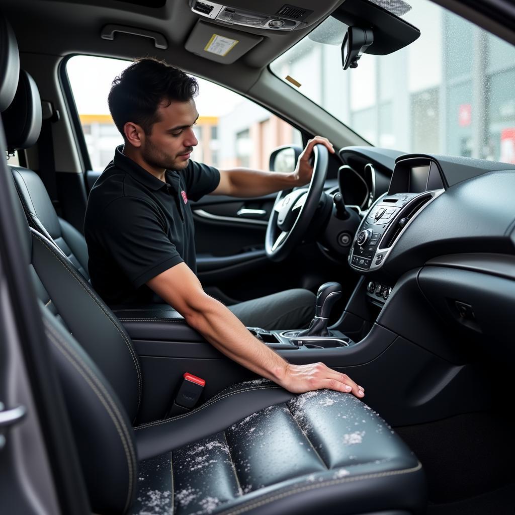 Car Detailer Meticulously Cleaning a Car's Interior