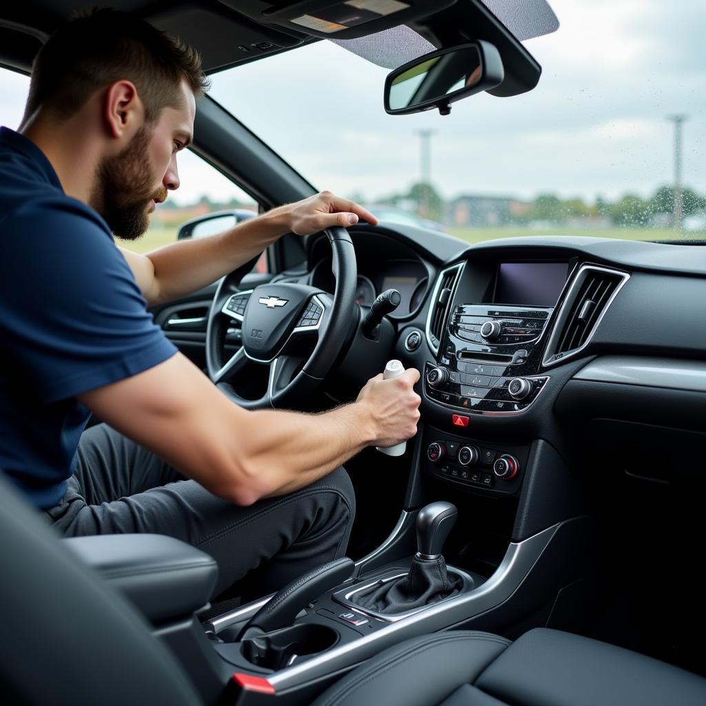 Car Detailer Meticulously Cleaning Interior