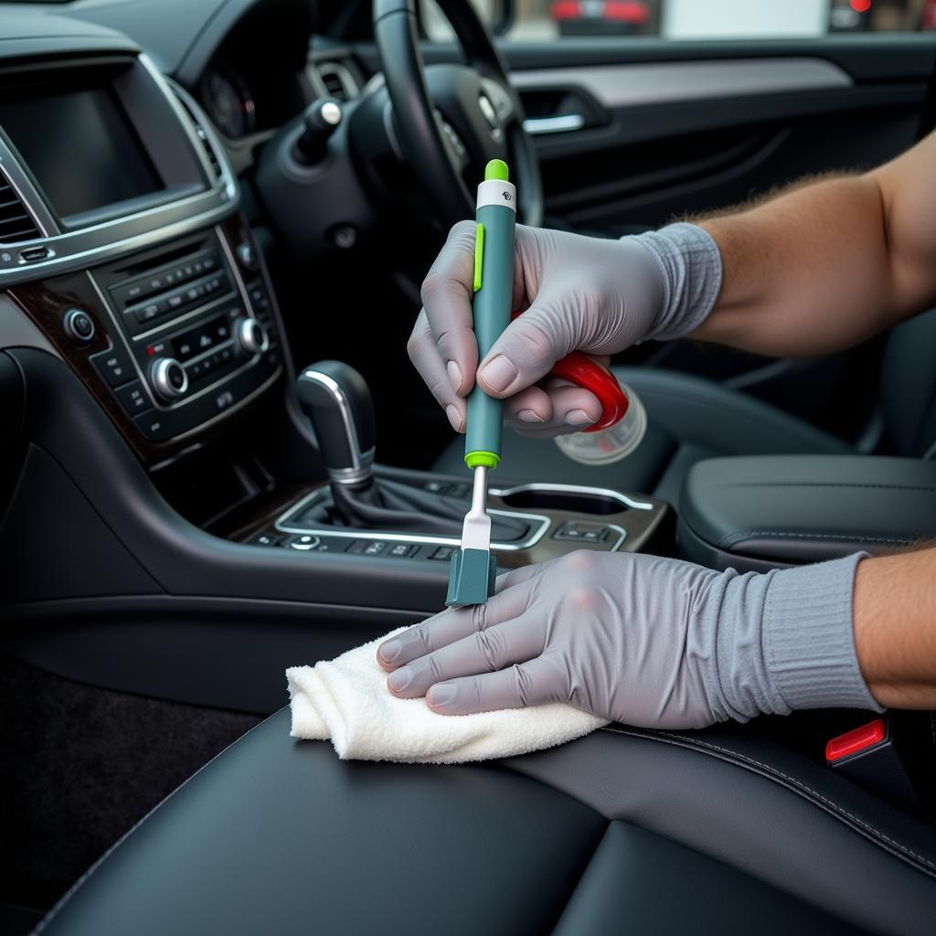 Car Detailer Meticulously Cleaning a Car Interior