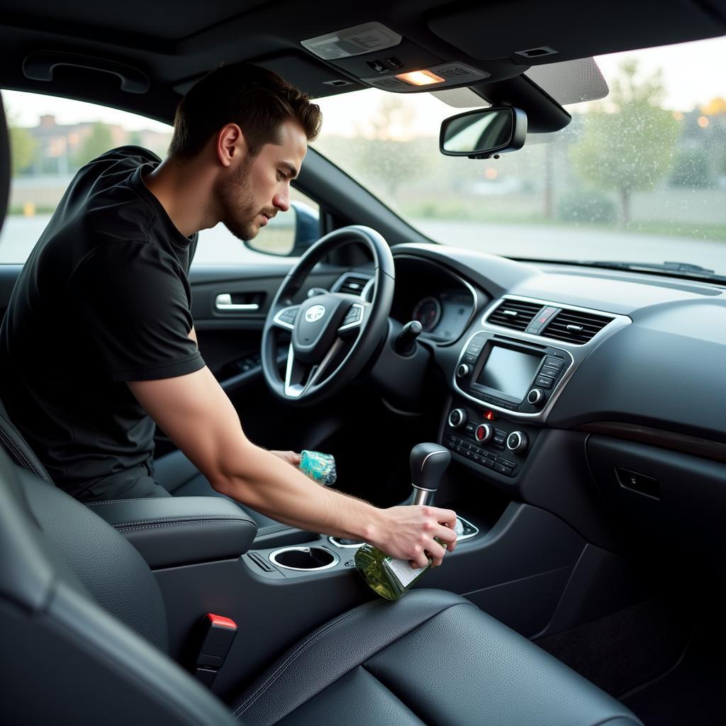 Car Detailer Meticulously Cleaning a Car's Interior