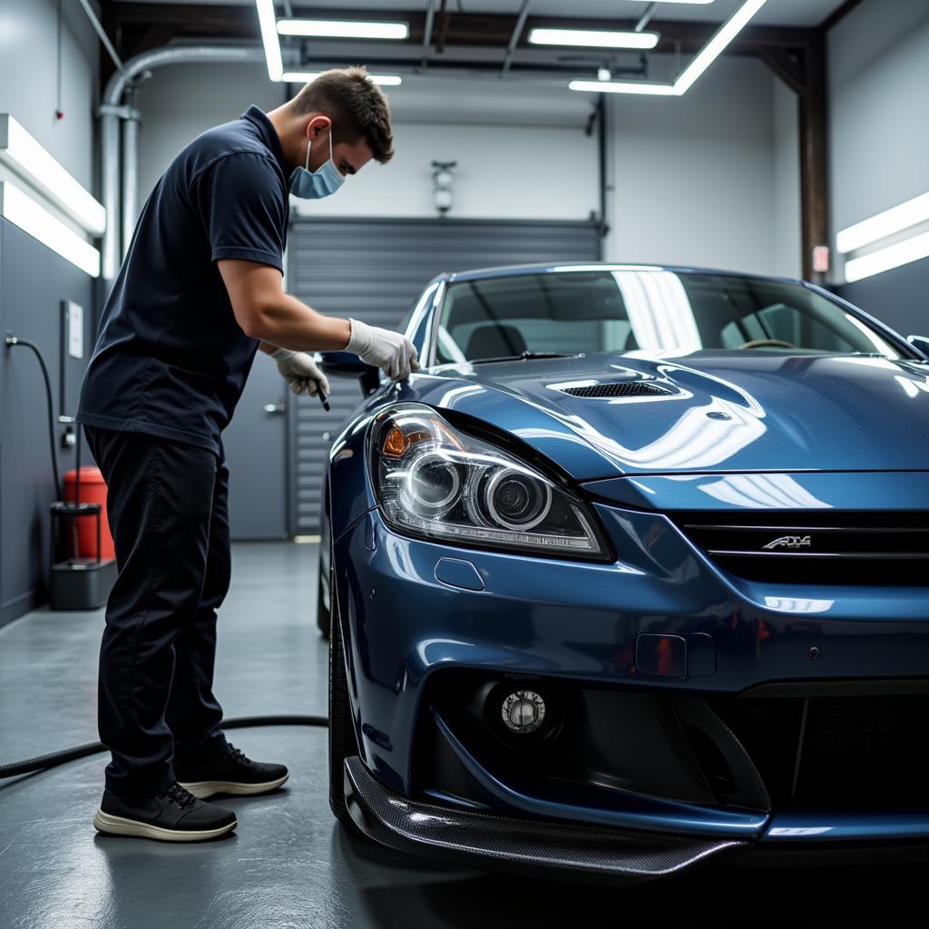 Car Detailer Working on a Luxury Vehicle