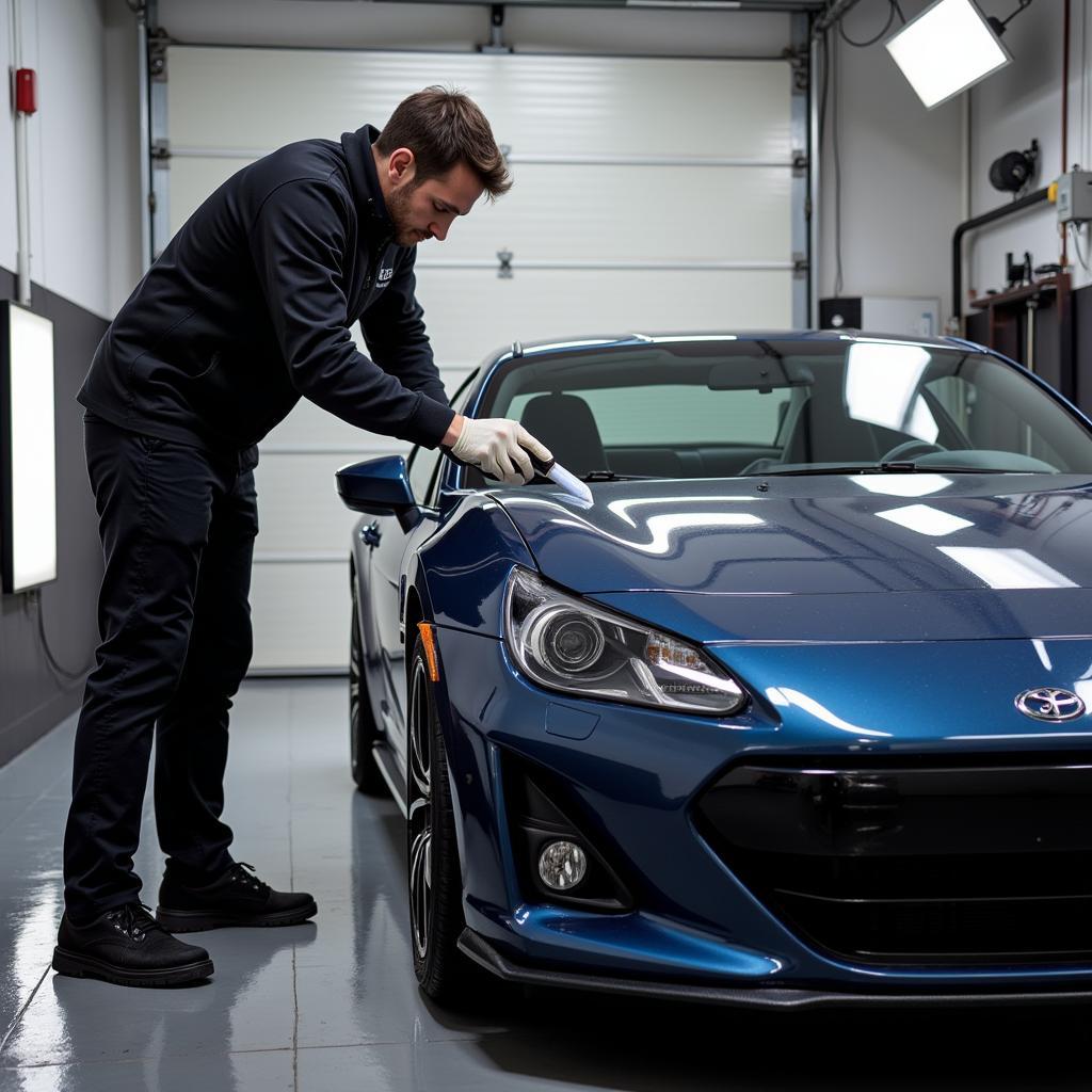 Car Detailer Working on Luxury Vehicle