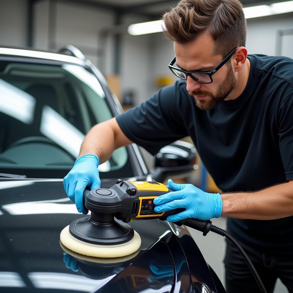 Car detailer meticulously performing paint correction on a vehicle