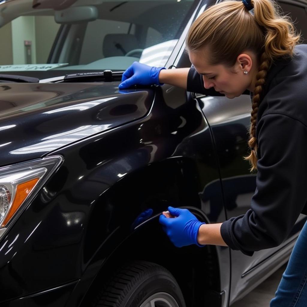 Car detailer meticulously cleaning a vehicle's exterior