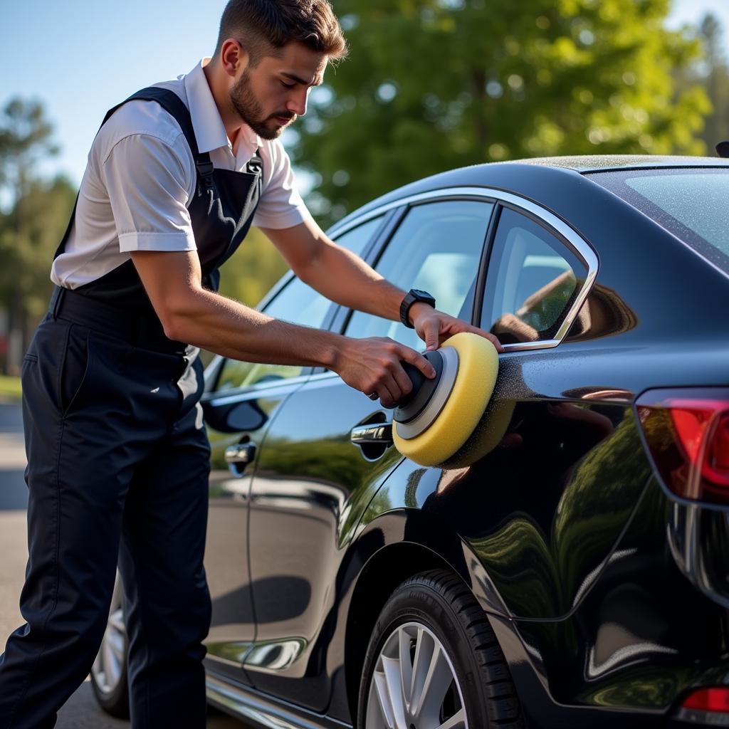 Car detailer meticulously working on a vehicle's exterior