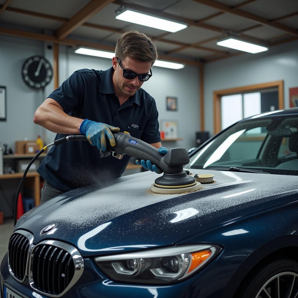 Car detailer meticulously working on a vehicle exterior