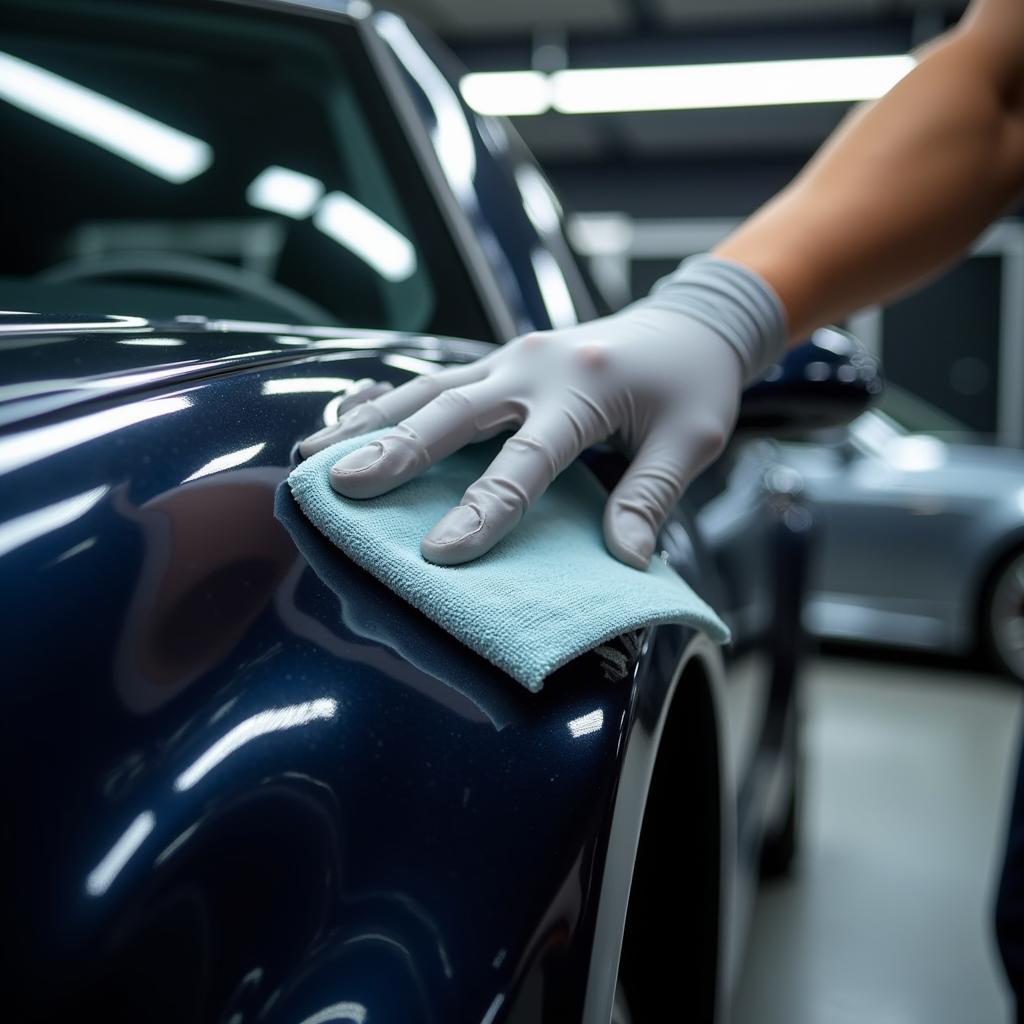 Car detailer meticulously applying a ceramic coating to a vehicle