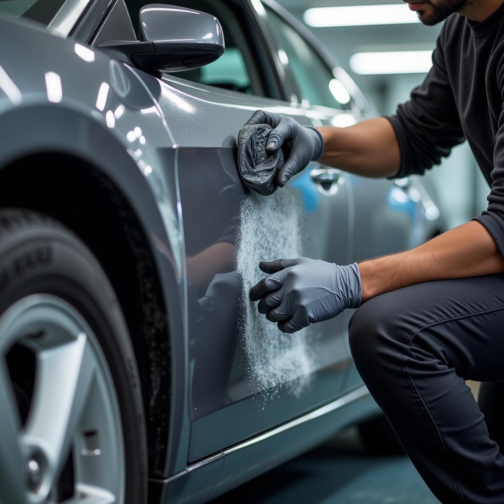 Car Detailer Meticulously Working on a Vehicle