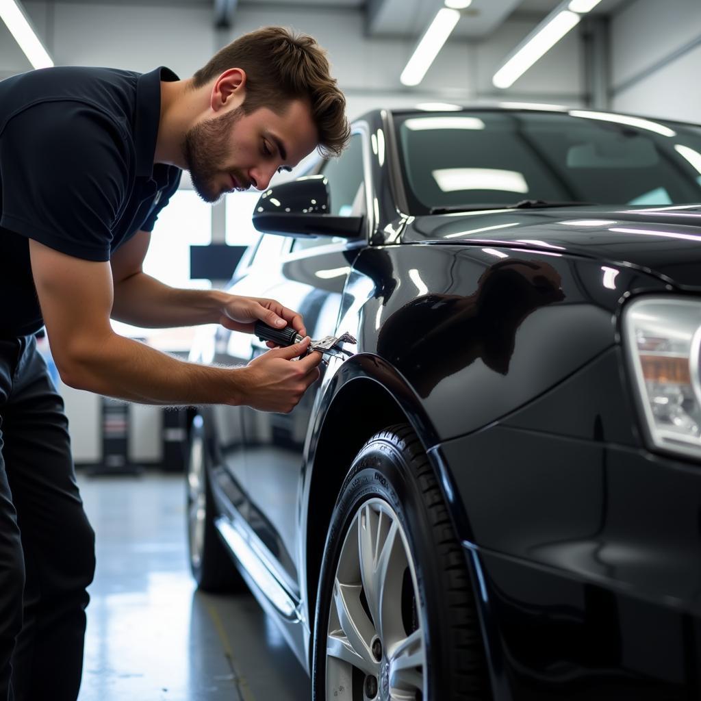 Car detailer meticulously working on the exterior of a vehicle