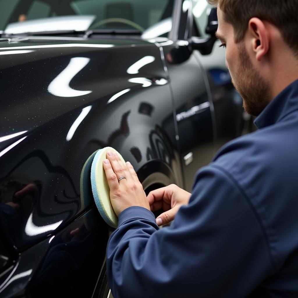 Car Detailer meticulously applying sealant to a vehicle's exterior